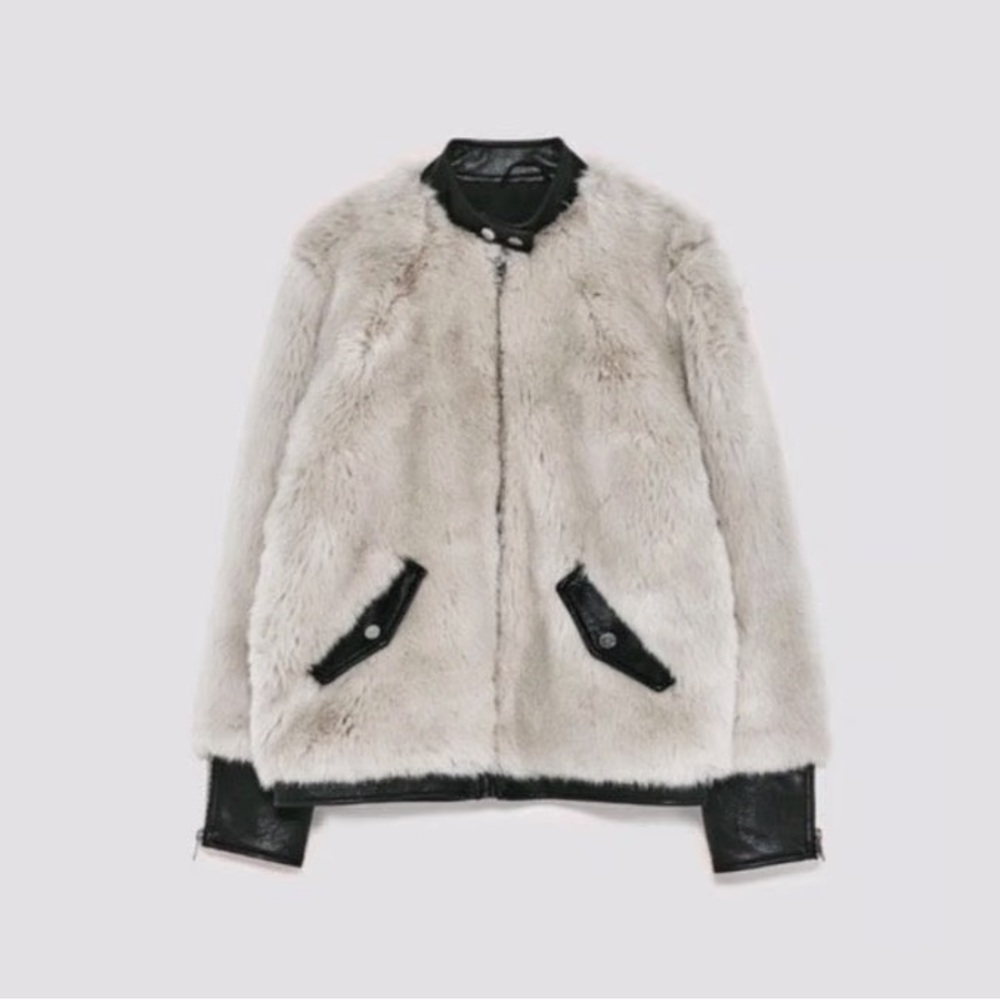 ZARA Faux Fur Bomber Jacket with Leather Accents